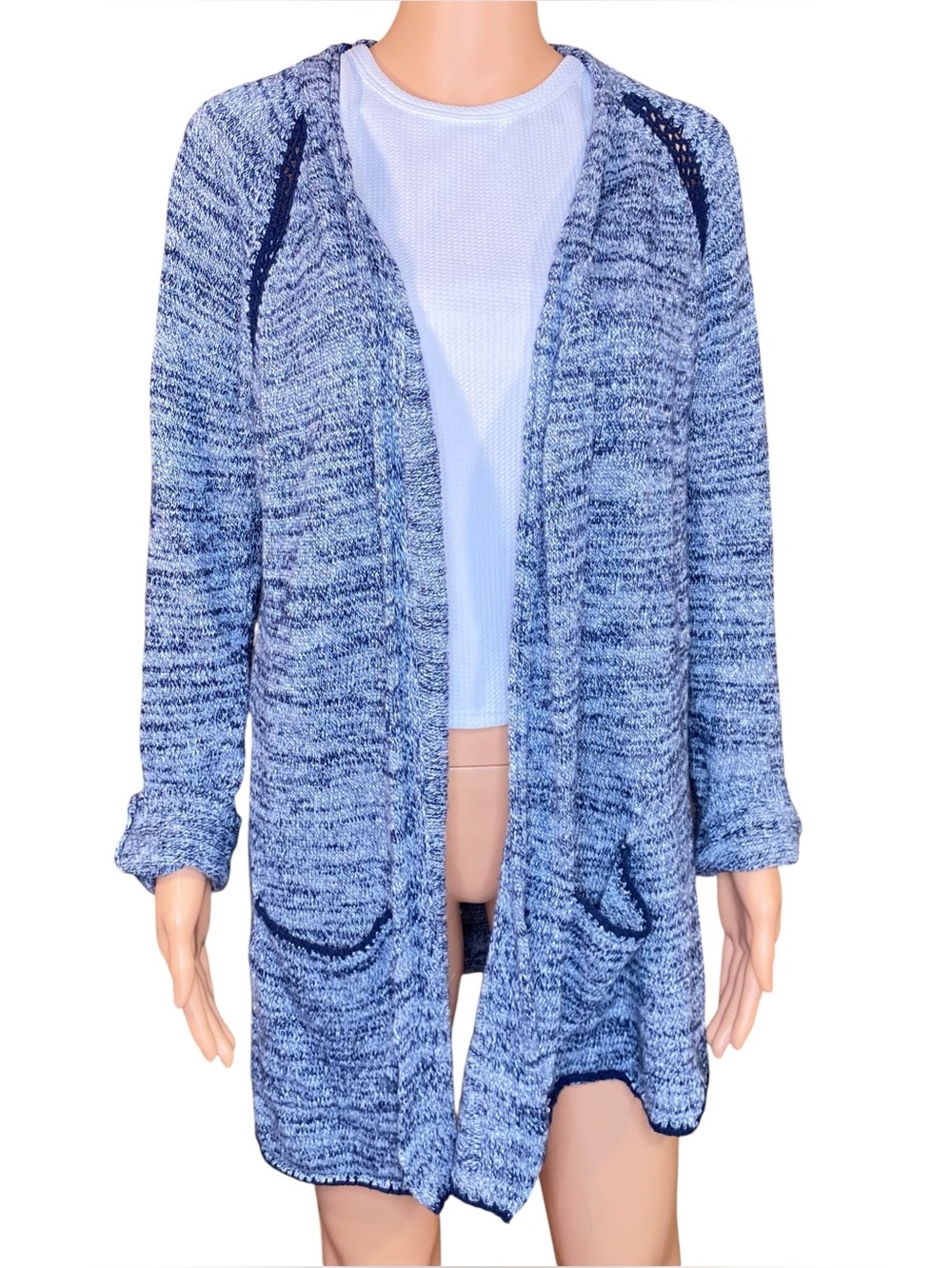 Artisan Ny Open Front Cardigan Longer Length Knit Heather Blue Crochet Trim SZ M